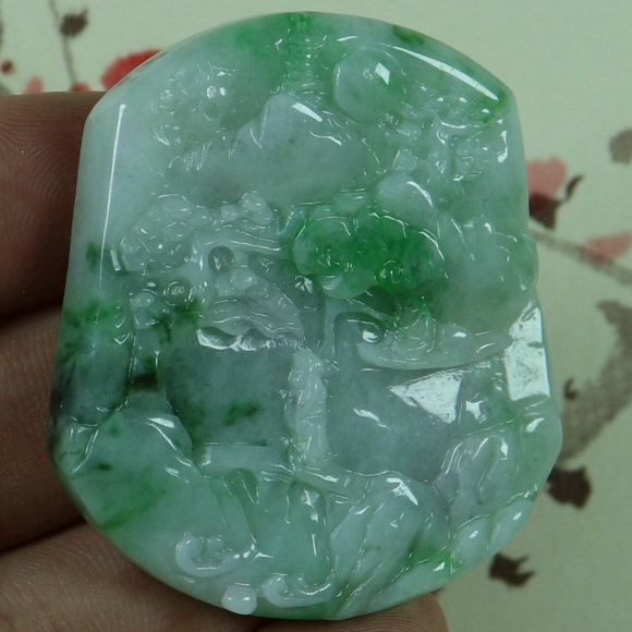 Cert'd Green 100% Natural A Jade jadeite Pendant Landscape Character 山水人物 - Picture 3 of 9